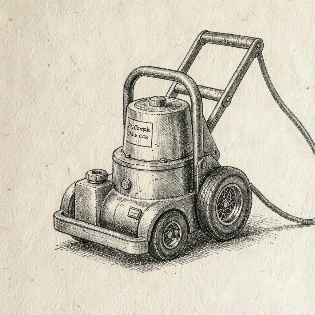 Pen-and-ink illustration of a plate compactor with handle and exhaust, hatched c