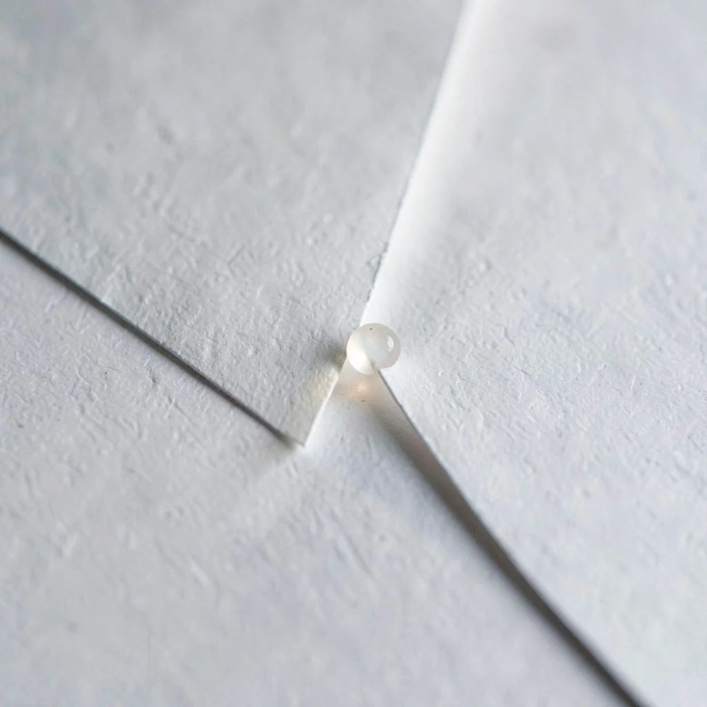 Two paper tongues meeting at a sharp diagonal seam, single bead of light running