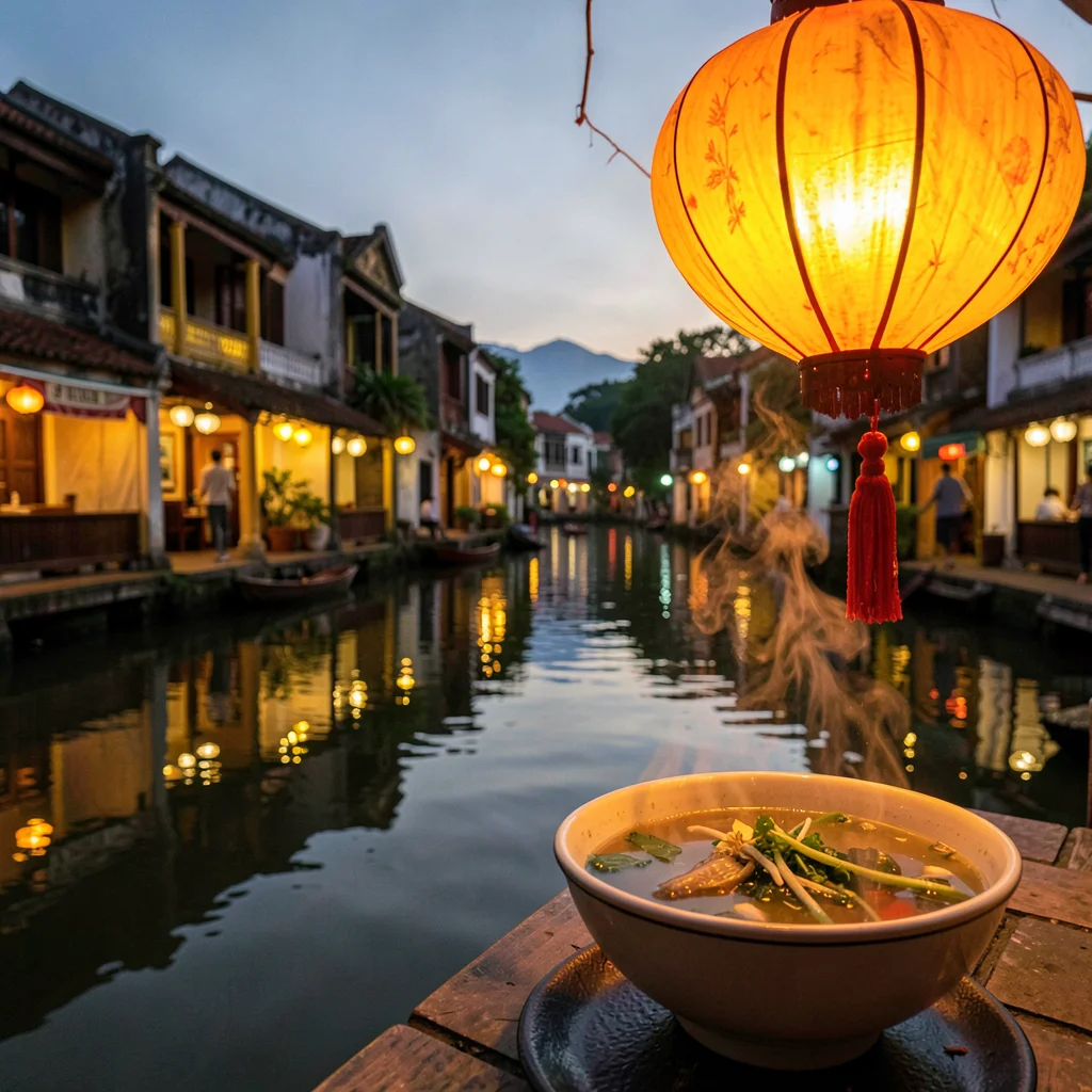 Hoi An lantern glow, silk amber on water, bowl of pho under lantern light, steam