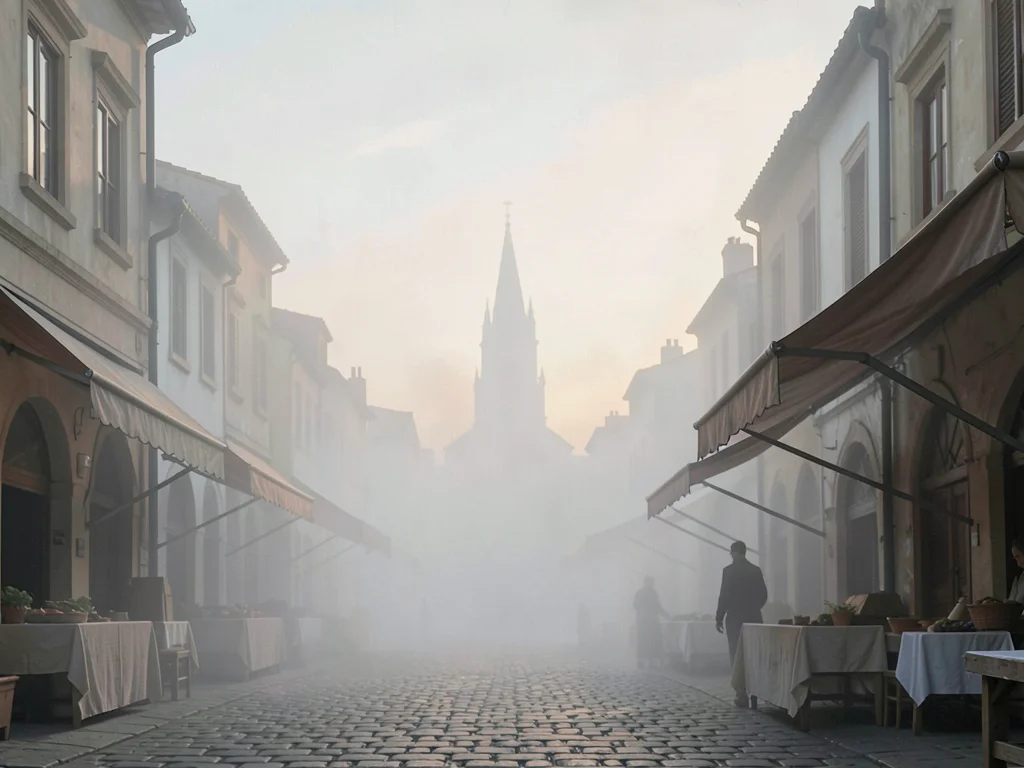 Hushed market square at dawn, awning frames bare, distant cathedral spire just a