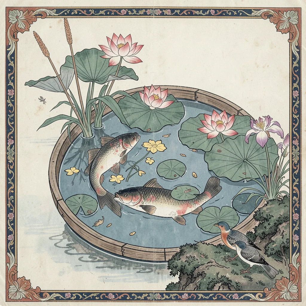 Fish in a round pond with lotus and water iris, birds at the edge