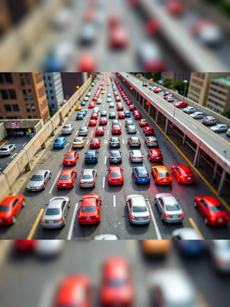 Gridlocked tilt-shift photograph from a downtown rooftop of a multi-lane interch
