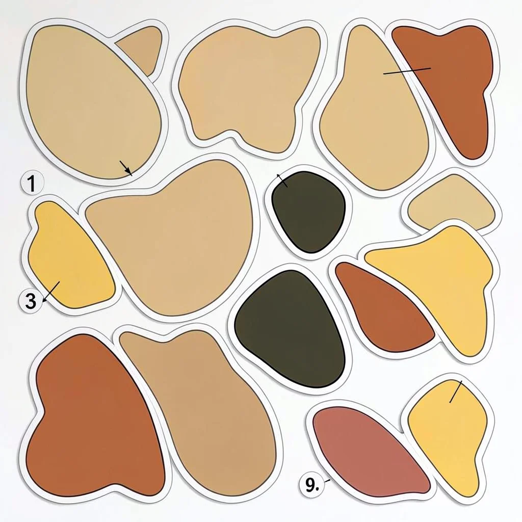 A sticker-sheet die-cut-template layout with abstract sticker shapes nested tigh