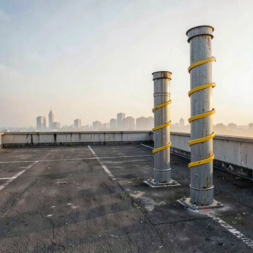 Painted maintenance bands spiral around vent stacks weathering quietly above an 