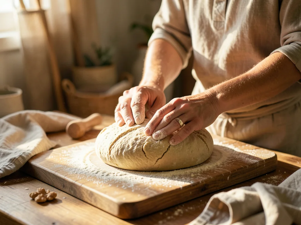 Hands kneading sourdough on a flour-dusted wooden board, early morning light
