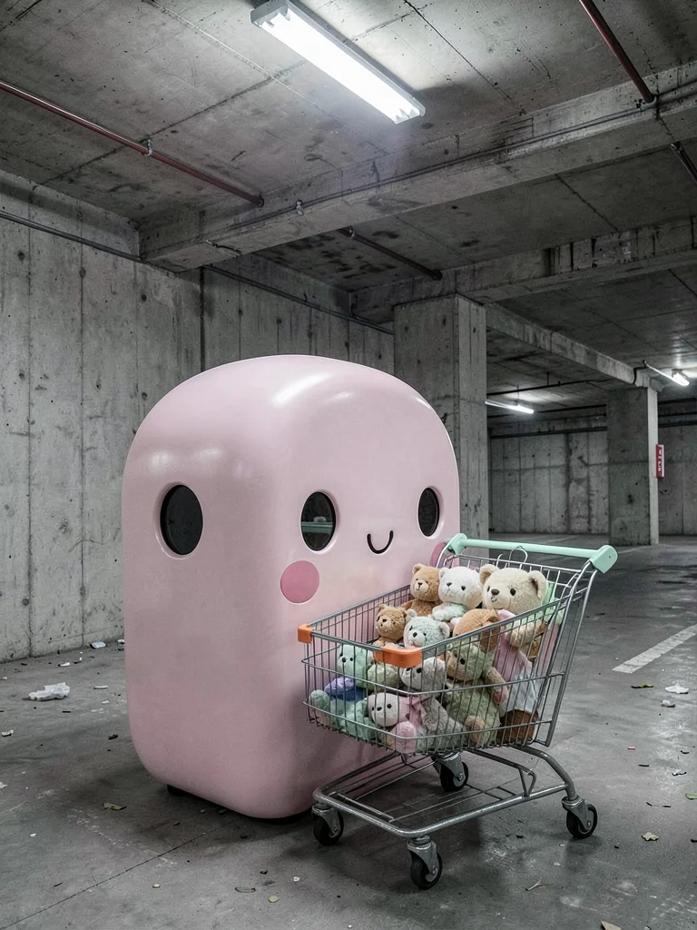 Stuffed animal collection in shopping cart, parking garage setting, abandoned cu