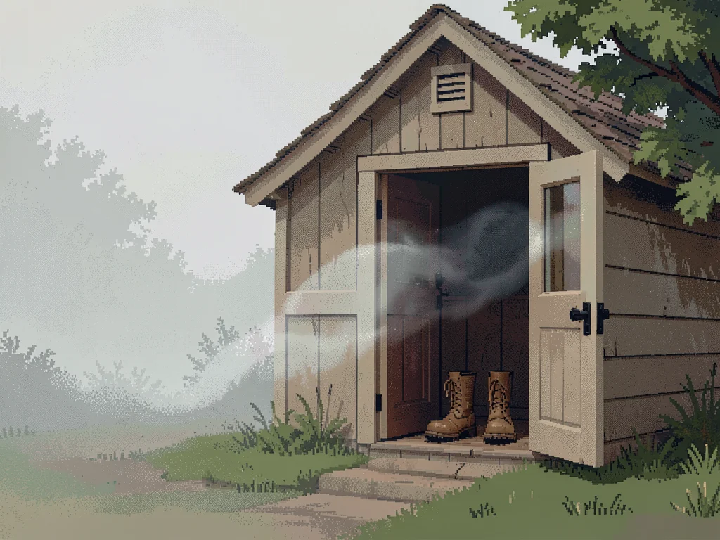 Soft mist drifting past the open doorway of a small farmhouse where a single pai