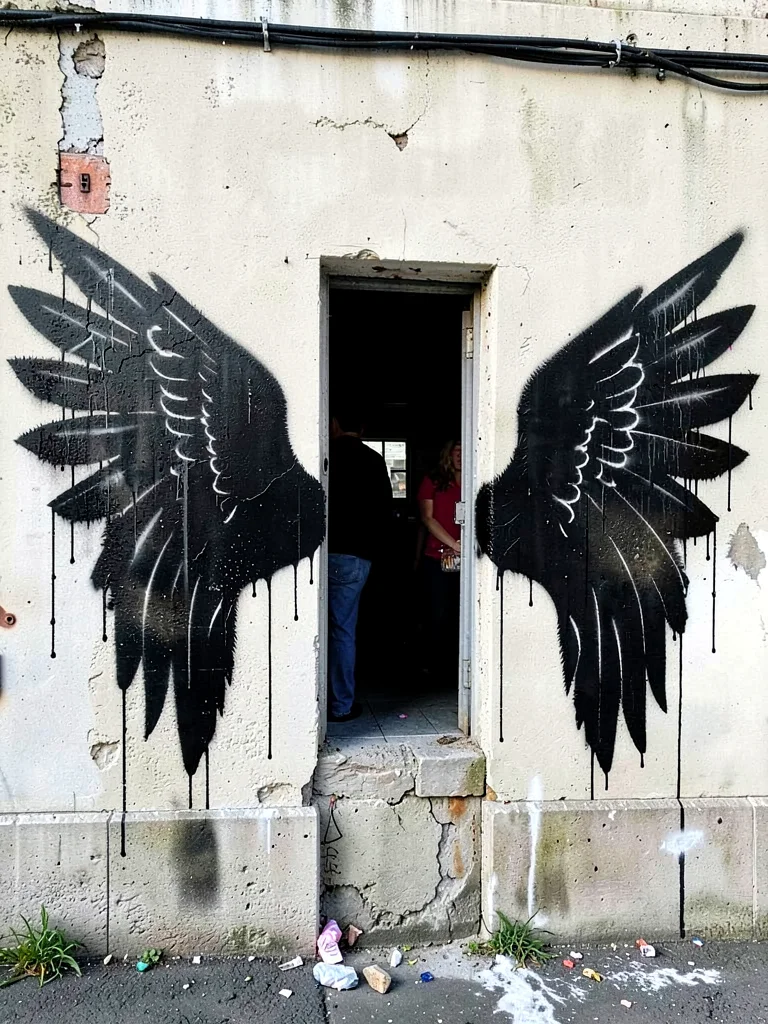 Angel wings stencilled on a wall behind a gap where people could stand — wings o