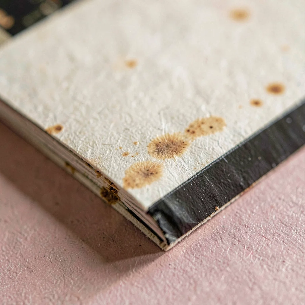 Macro of paper grain on a film folder edge with foxing along the spine