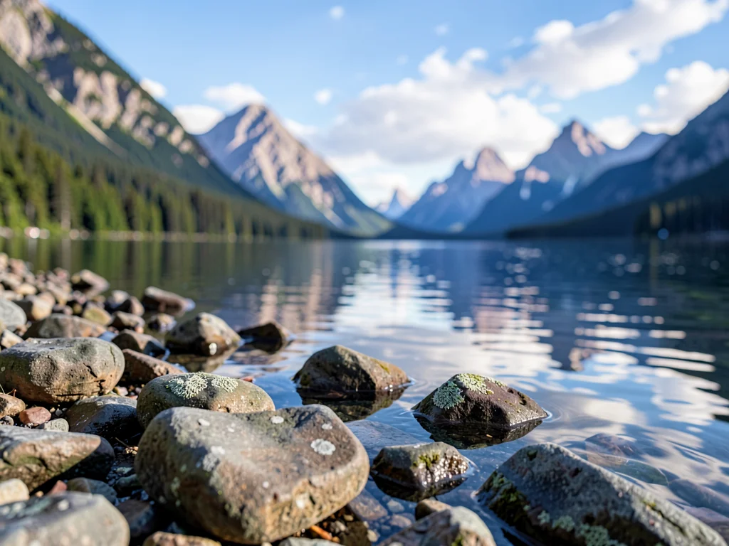 Lake shore from rocks to opposite mountains