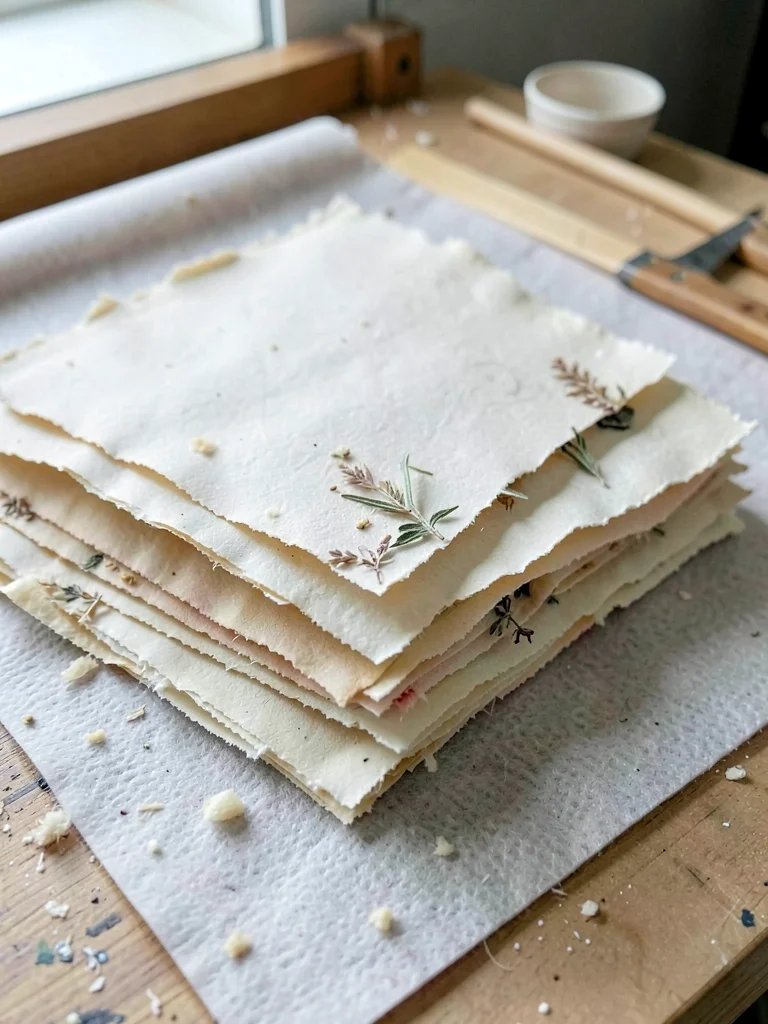 A stack of pressed and dried handmade sheets with rough deckled edges fanning ou