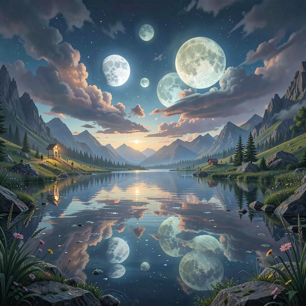 Fantasy environment illustration, a mirror lake reflecting impossible sky with m