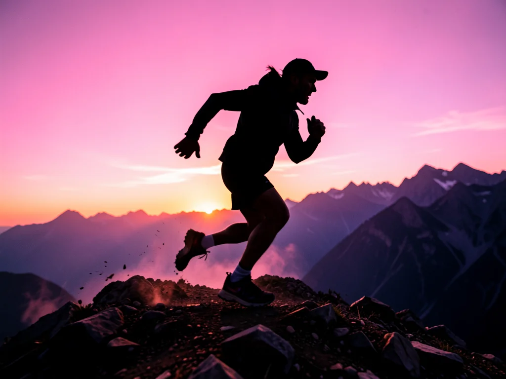 Trail runner on a ridge at dawn, silhouetted against pink sky, mountain range be