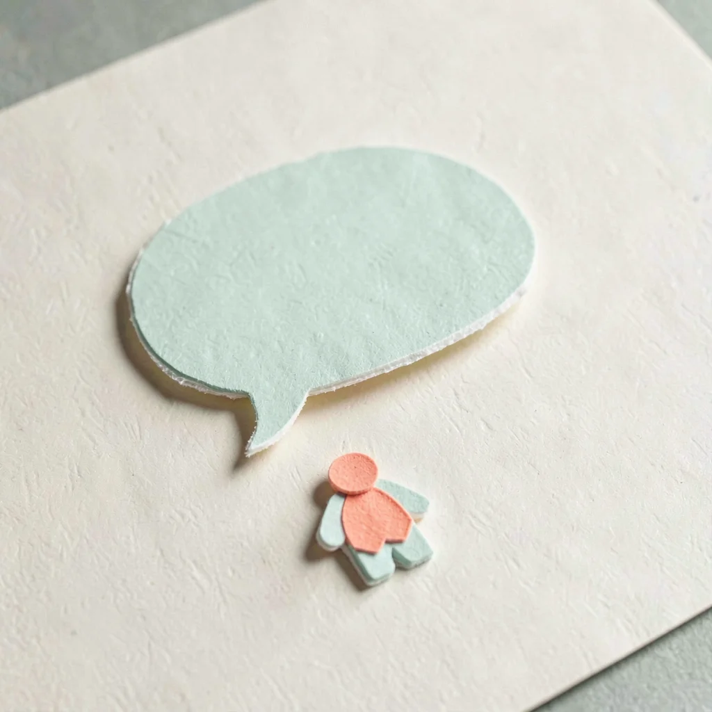 Tight crop of a soft pastel speech-bubble shape floating above a small abstract 