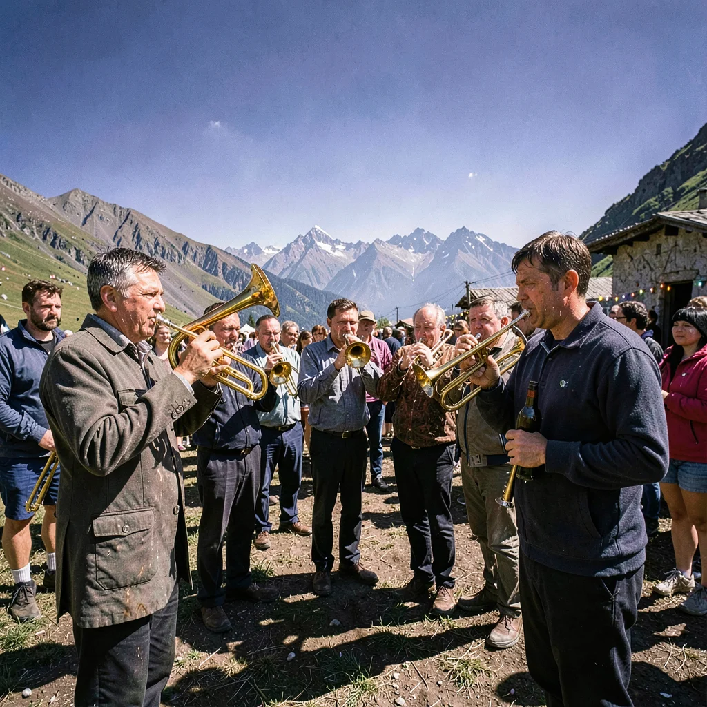 High altitude photograph, thin mountain air, A brass band playing at a village f