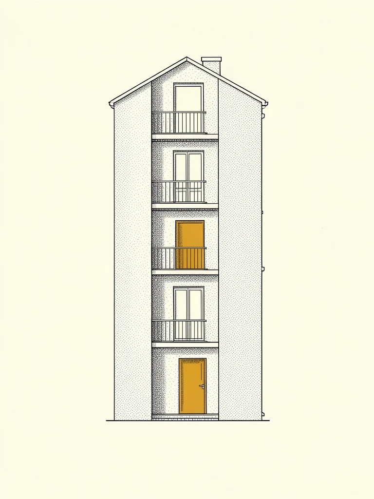 A cross-section view of a tall building drawn in fine line stipple highlights on