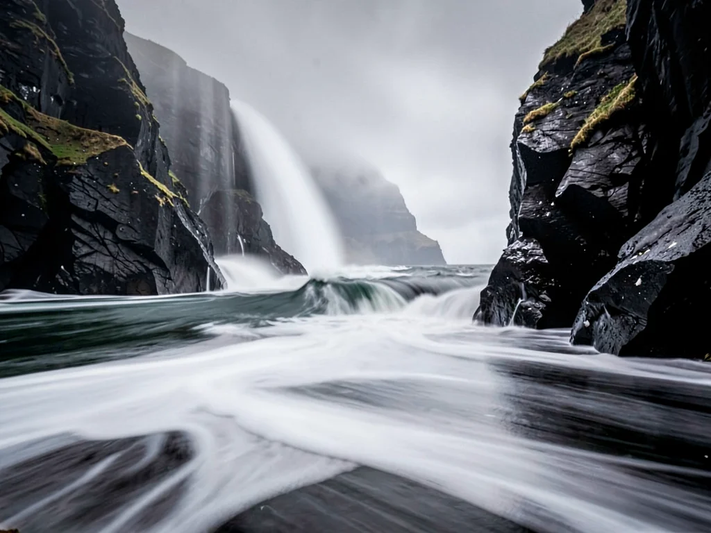 Storm waves as smooth white against black cliffs