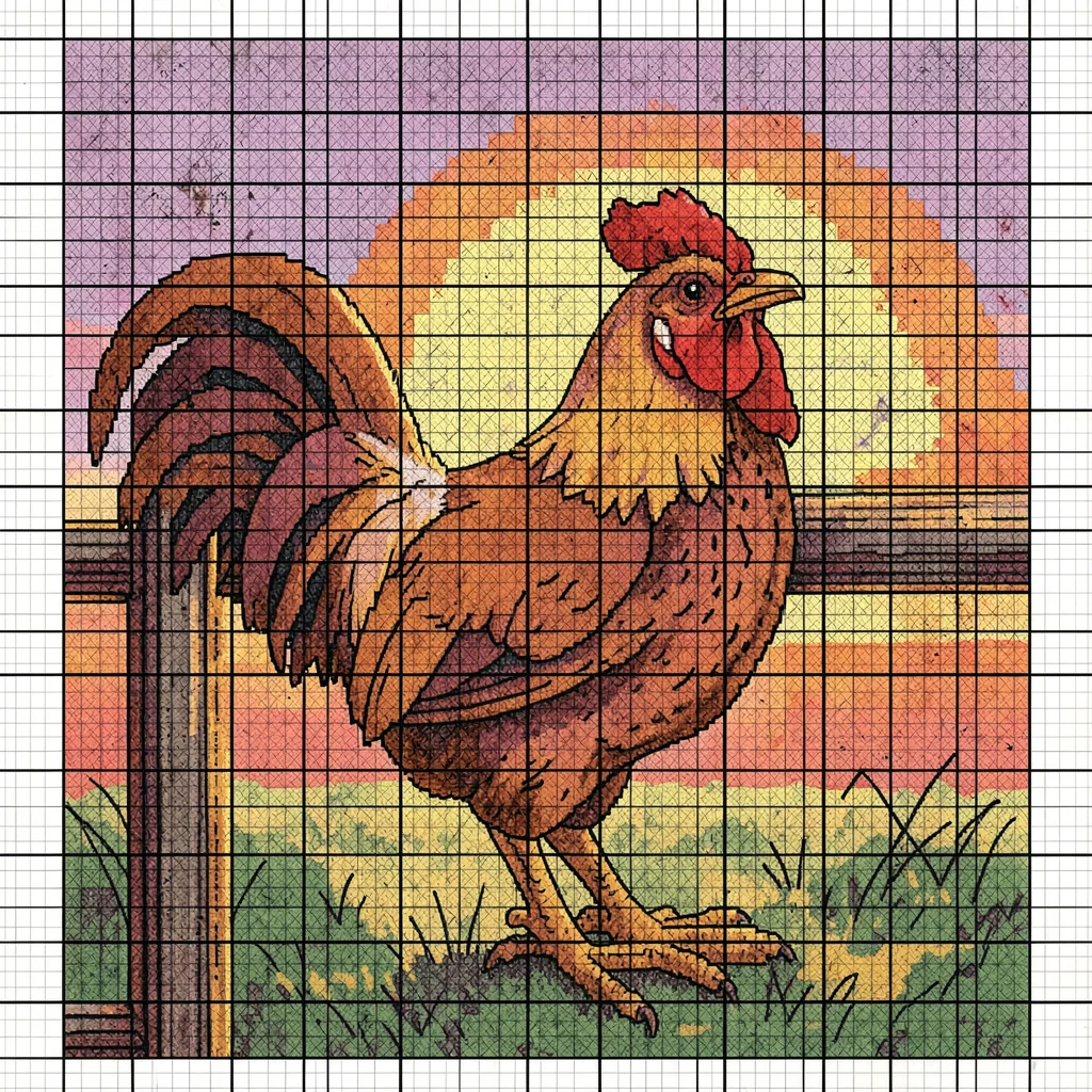 Cross-stitch rooster at dawn