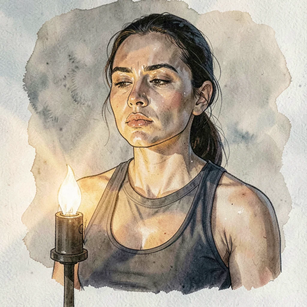 A determined Latina yoga therapist in her thirties guiding a slow breath, lamp w