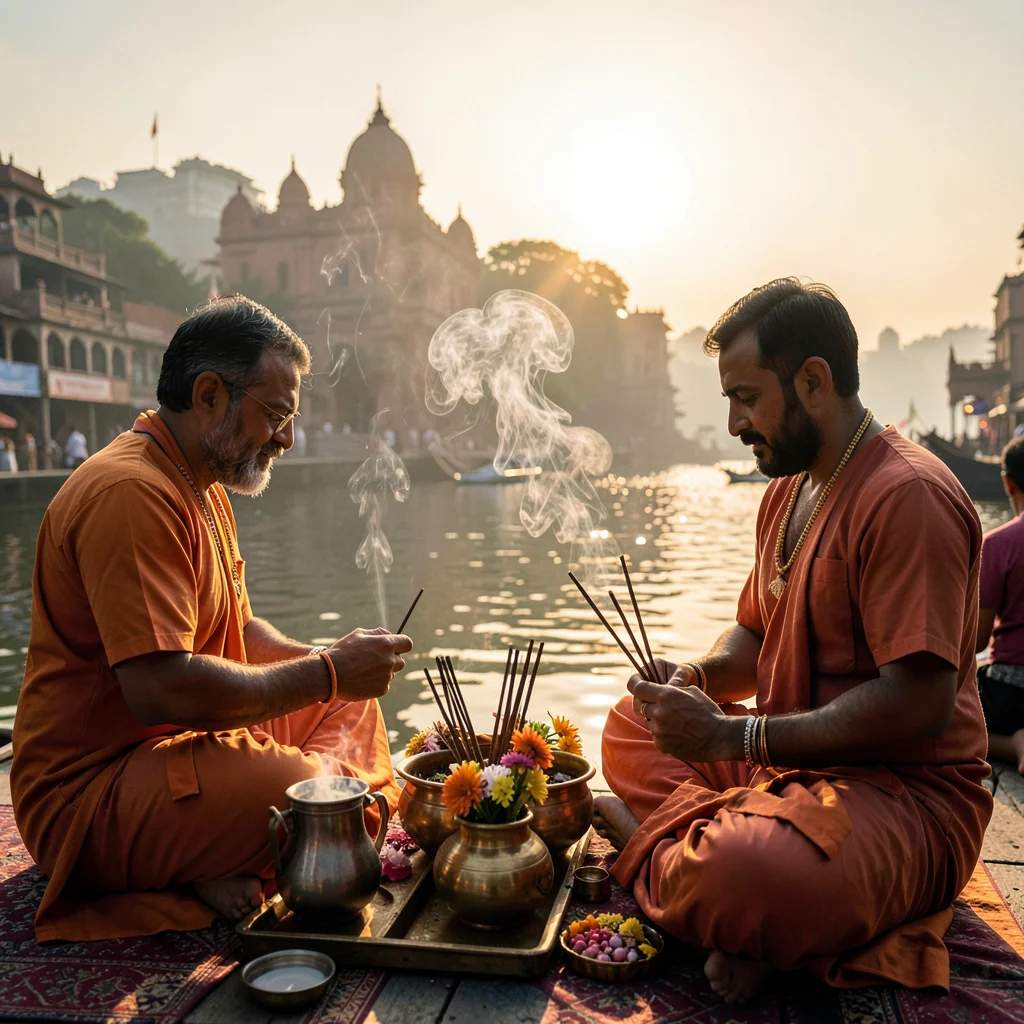 Sacred smoke catching golden Ganges light in Varanasi, Priest preparing morning 