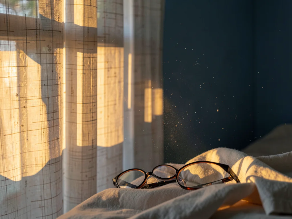 Reading glasses on folded linen in morning light