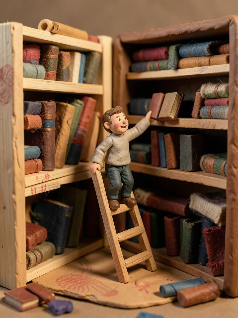 A clay library: tiny clay figure on a ladder reaching for a book, shelves made o