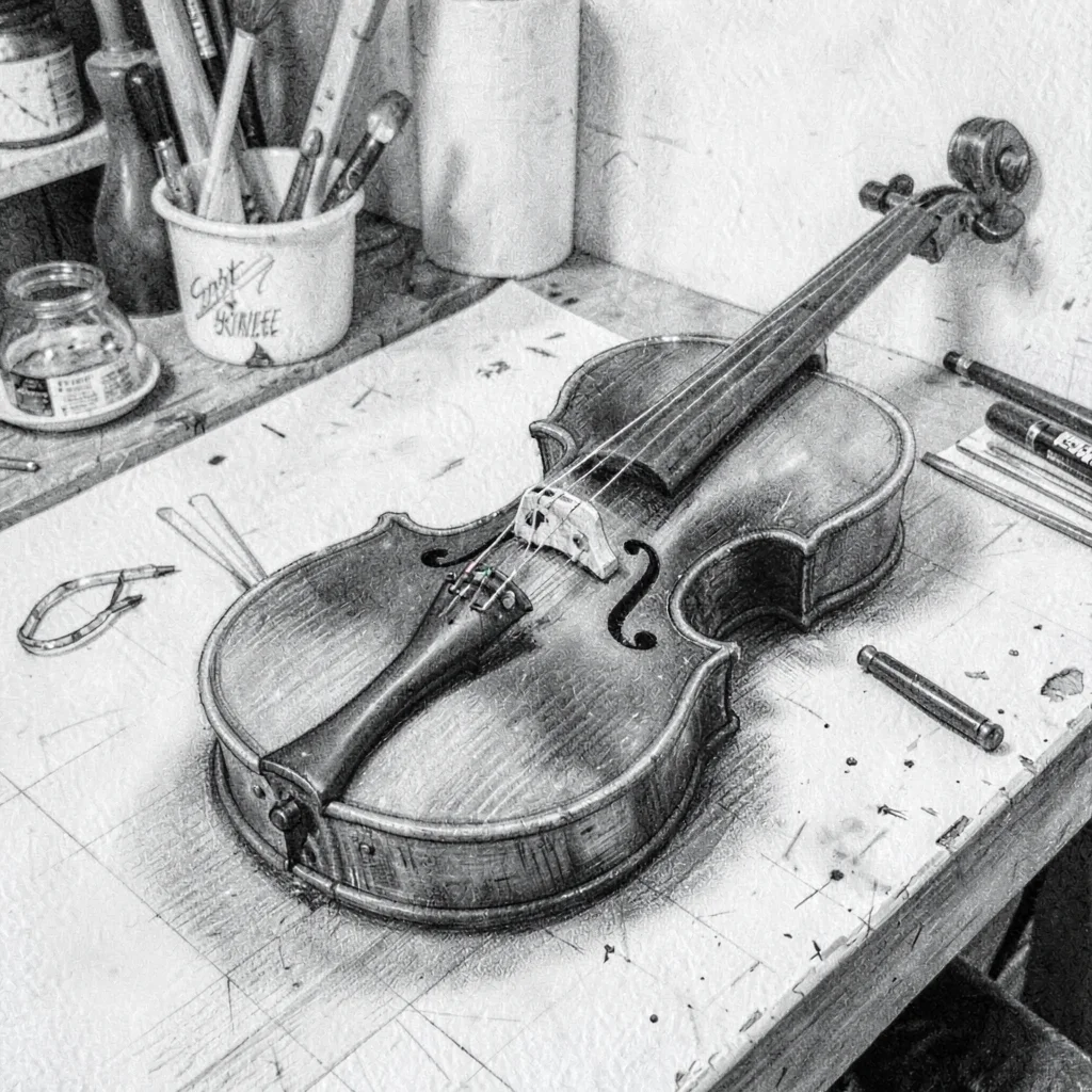Charcoal study of a violin lying on its back on a workbench, soft graphite halo 