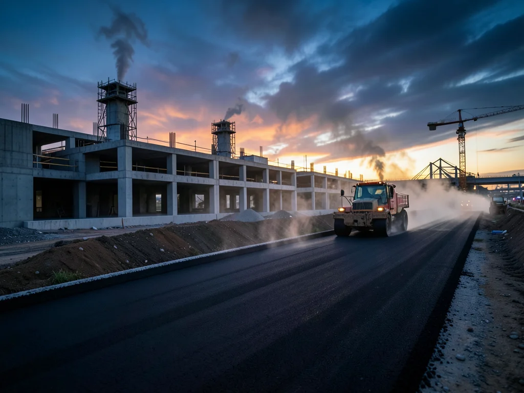 A road being paved: the asphalt machine, the roller behind, steam rising from th