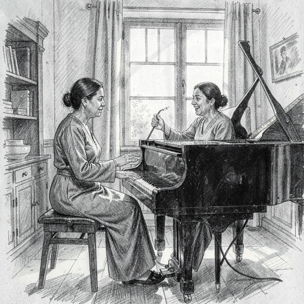 Indira-banerjee sketch of a pianist accompanying a vocalist in a sunlit drawing 