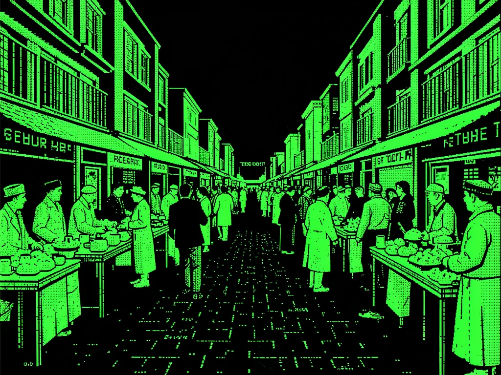 A crowded market street in terminal green ASCII, figures as medium-density chara