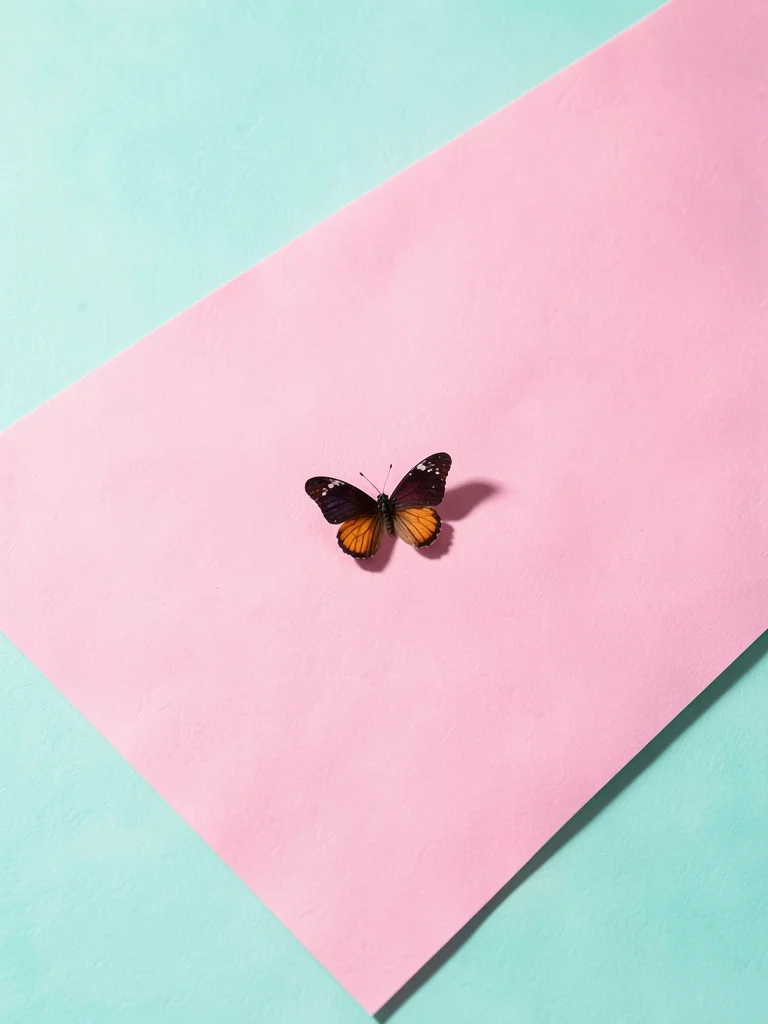 Tiny single hair-clip butterfly placed slightly off-center on a vast pink-to-min