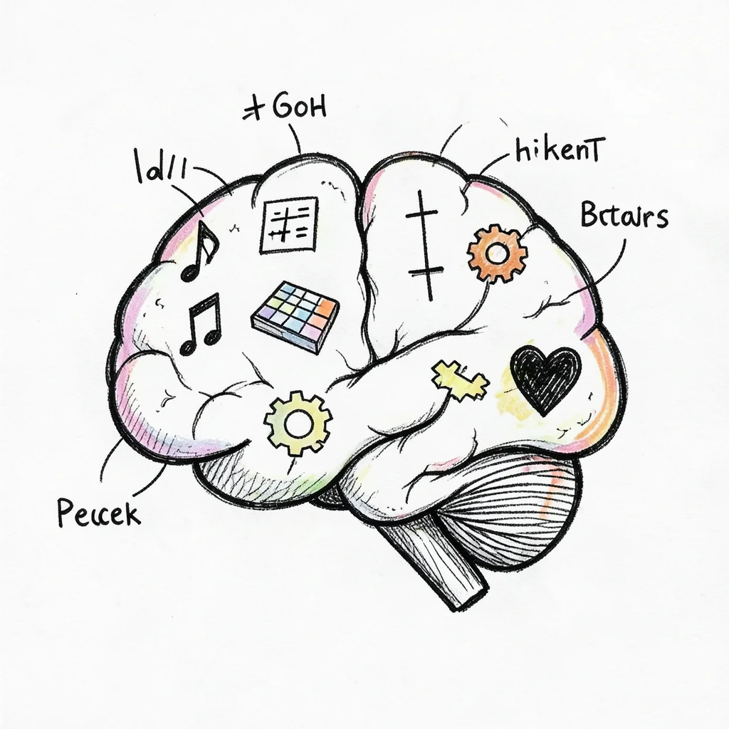 A brain with different sections labeled by small icons: music notes, math symbol