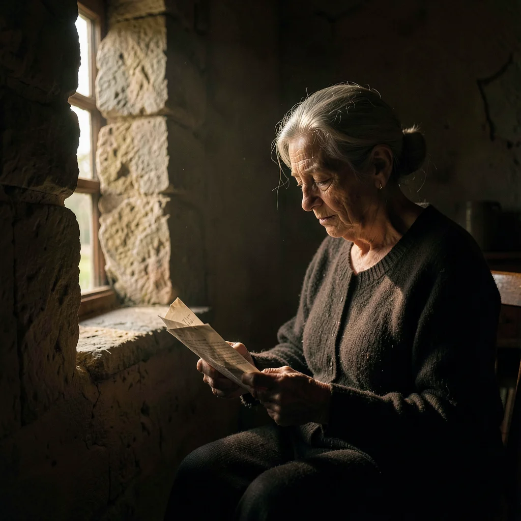Dramatic natural light streaming through stone openings, deep chiaroscuro shadow