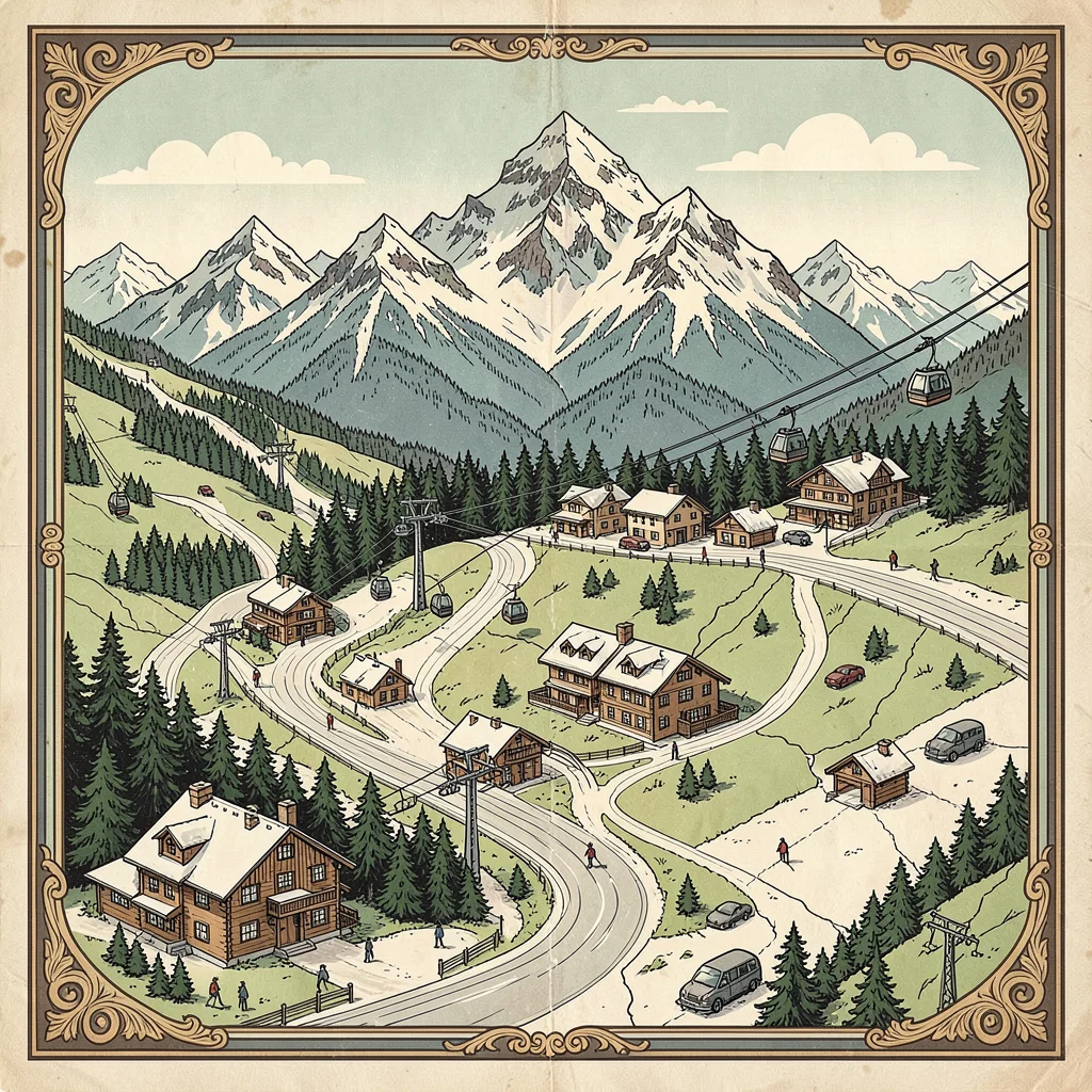 Illustrated map illustration, Ski resort with chairlifts, chalets, and peaks , p