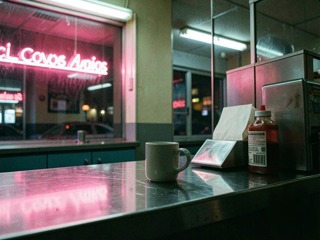 Coffee mug on chrome diner counter with neon reflections