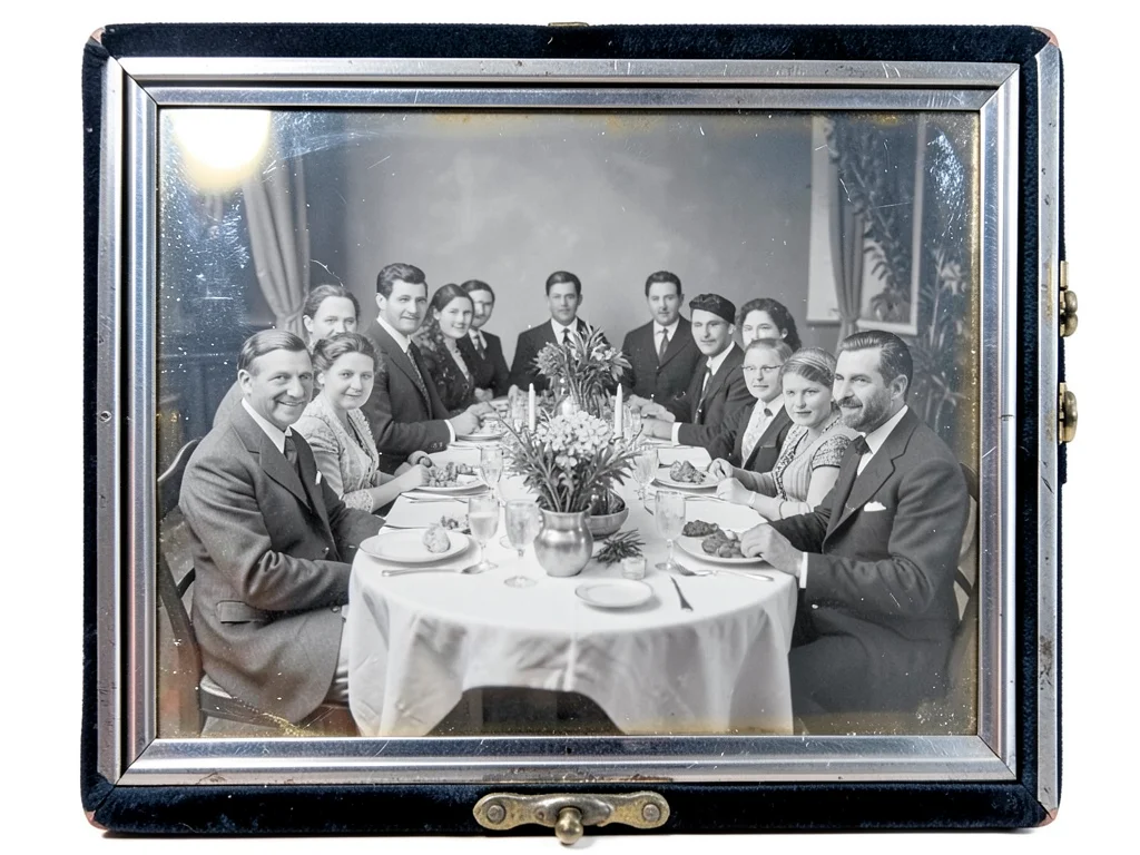 Daguerreotype-style family dinner scene, formal harvest feast, silver tones