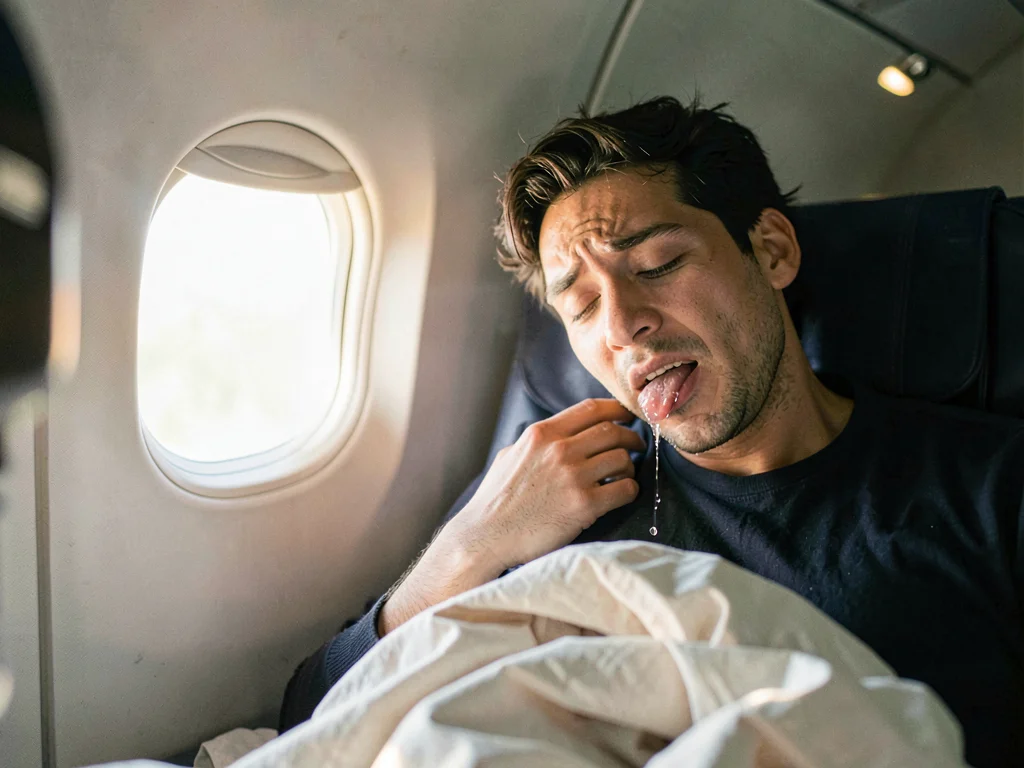 Person waking on airplane, window seat, drool on shoulder of stranger, the embar