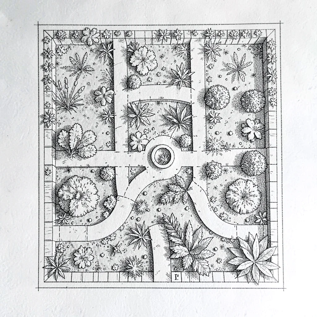 hand-drawn garden plan with bed icons and pathways, no text
