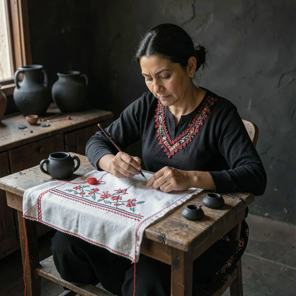 Through Oaxacan black clay vision, barro negro consciousness, A woman embroideri