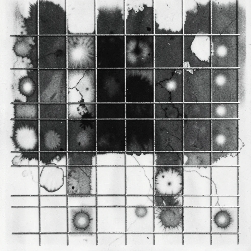 A chemigram with wire mesh resist — grid of square zones, each with distinct ton