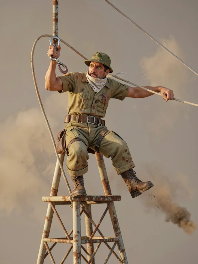 A signal-tower-climber clips a carabiner to an unseen line, mouth-cloth pulled u