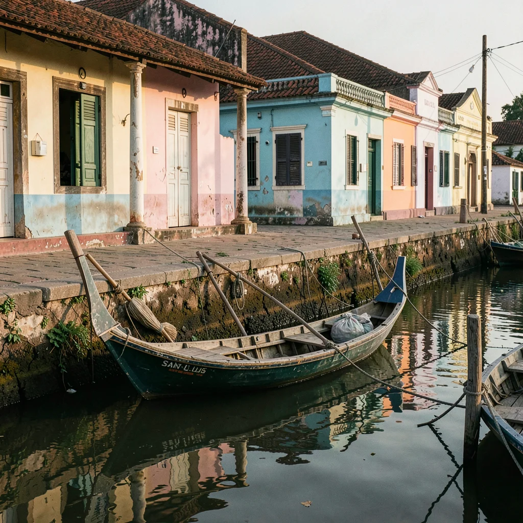 Soft morning light on faded colonial pastels, Saint-Louis Senegal, Fishing pirog