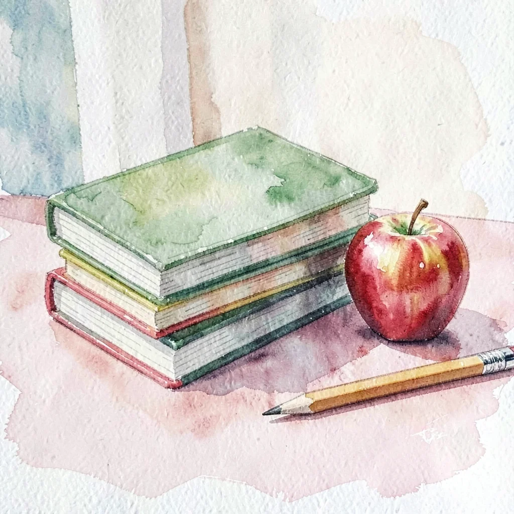Painted gouache scene of stacked schoolbooks, an apple, and a pencil on a soft p