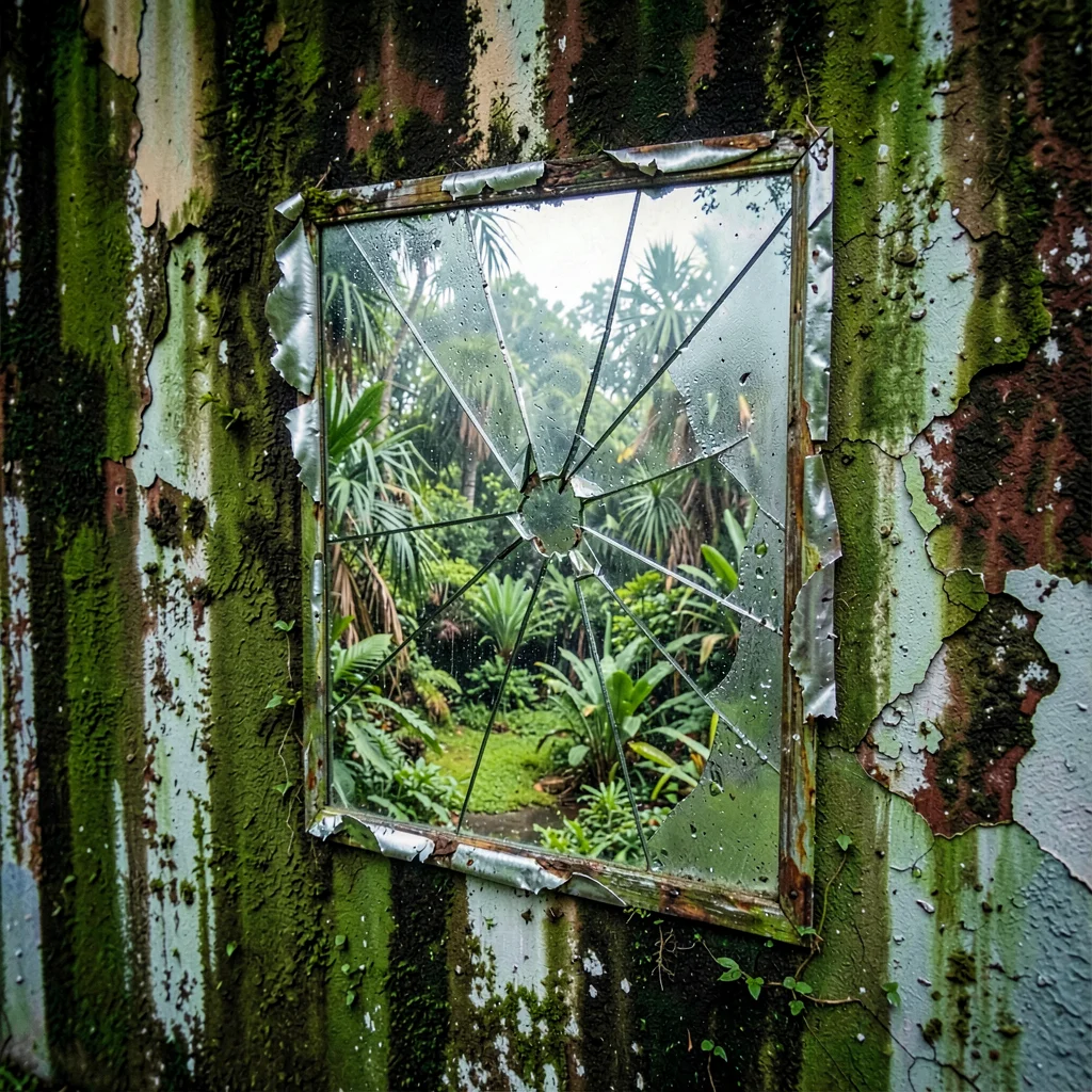 Tropical weathered surfaces, humid atmosphere, Cracked mirror reflecting overgro