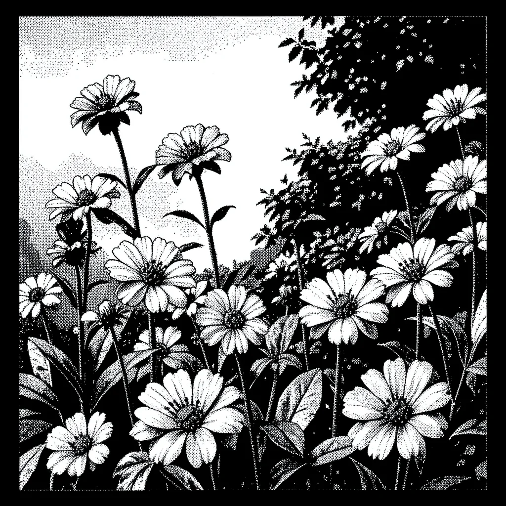 1-bit dithered illustration, flowers in garden , black and white only, dither pa