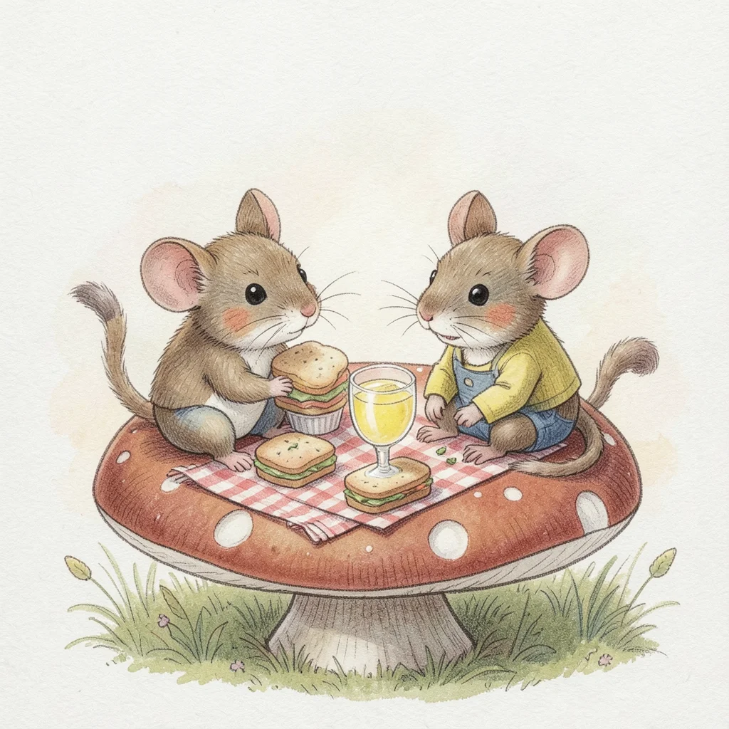 A mouse family having a picnic on a mushroom cap, tiny sandwiches and a thimble 