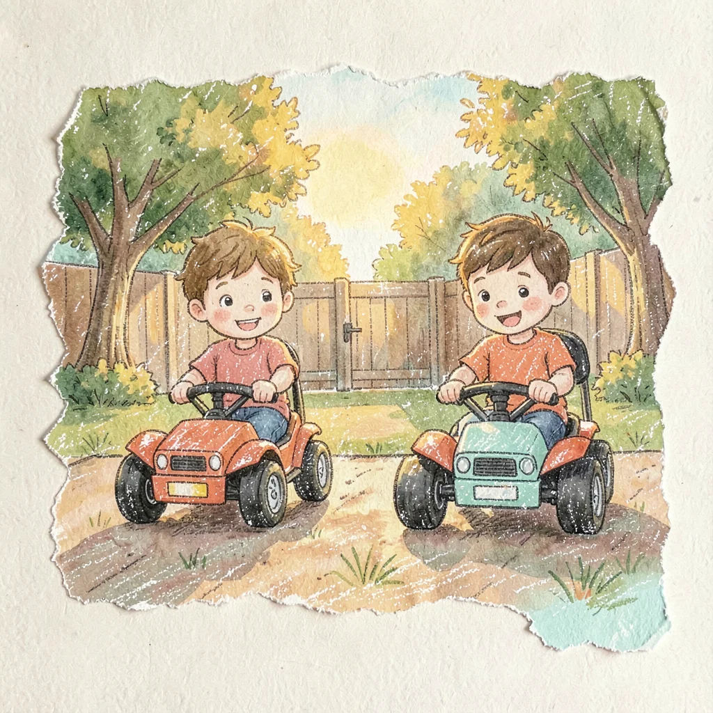 Two kids racing RC vehicles in a backyard, kid-friendly golden hour glow