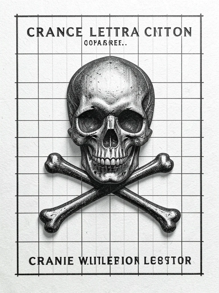 Wood type skull and crossbones printed on thick stock, heavy impression