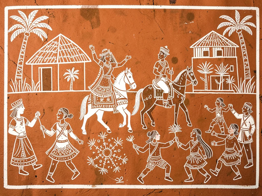 Wedding procession — bride and groom on horseback with dancing figures alongside