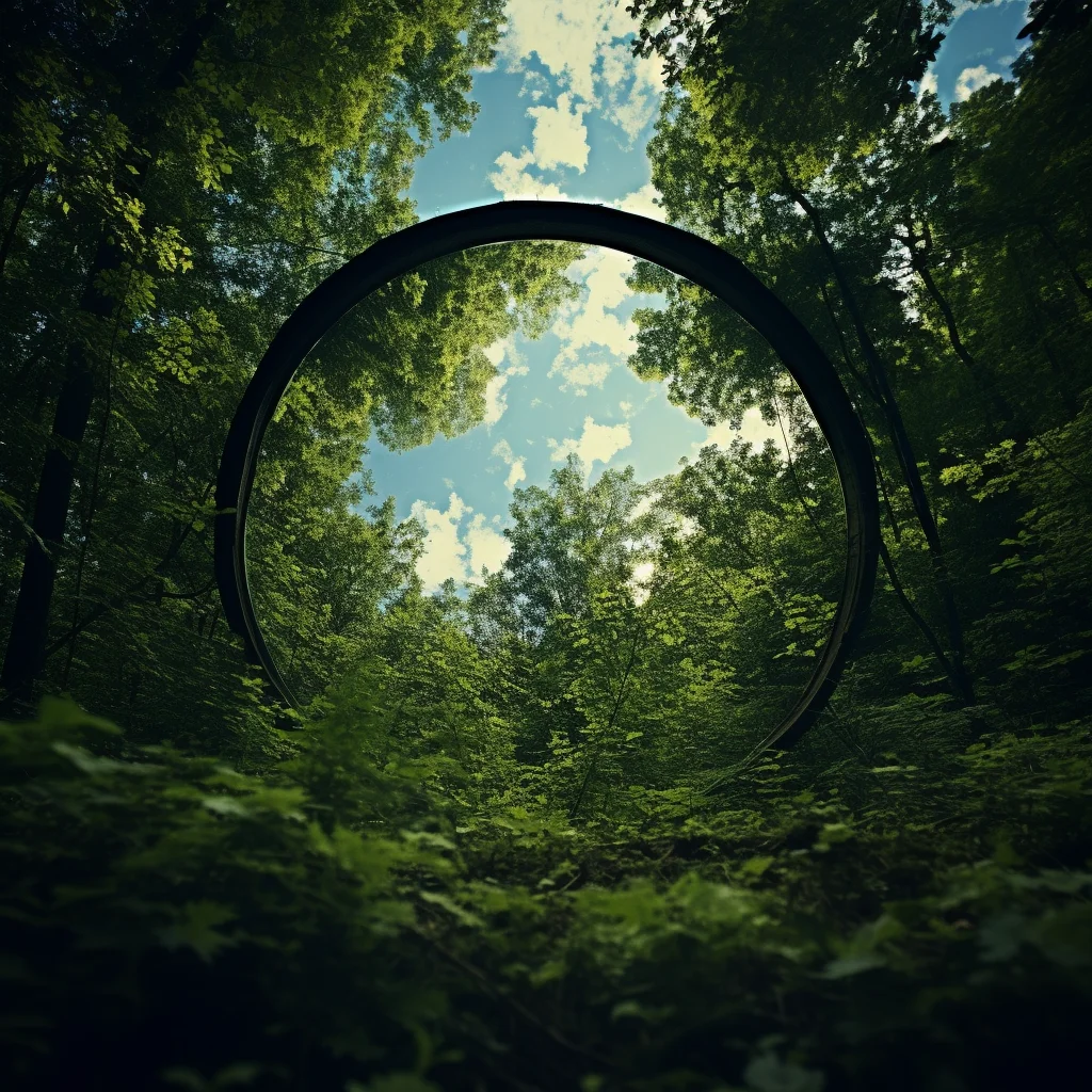 Photo A mirror placed flat on a forest floor reflects